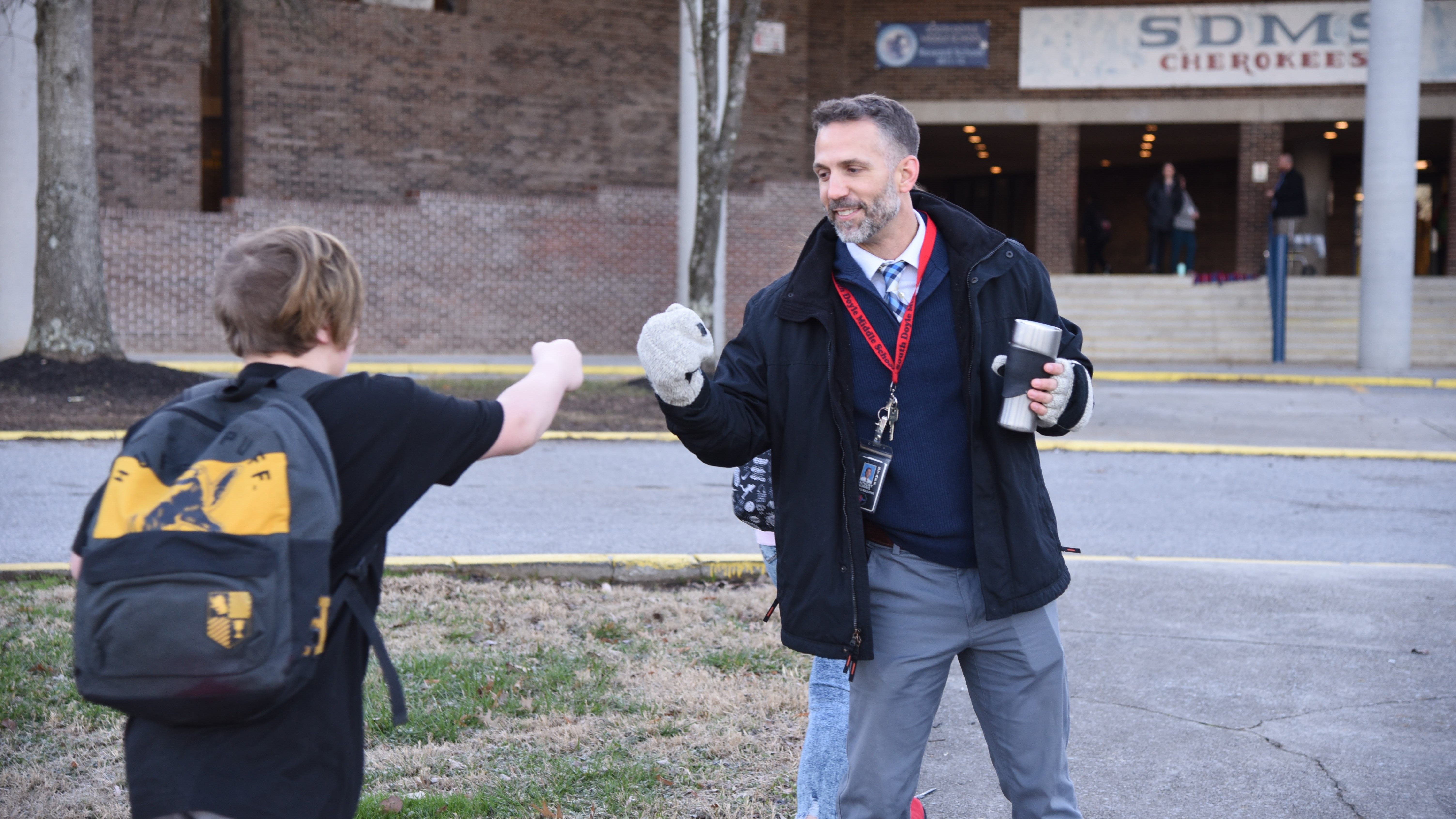 South-Doyle Middle School Principal Anthony Norris greets students on Jan. 8, 2020. Norris comes from a family of educators that includes his mother, Bonny Kate Elementary Principal Linda Norris. 
